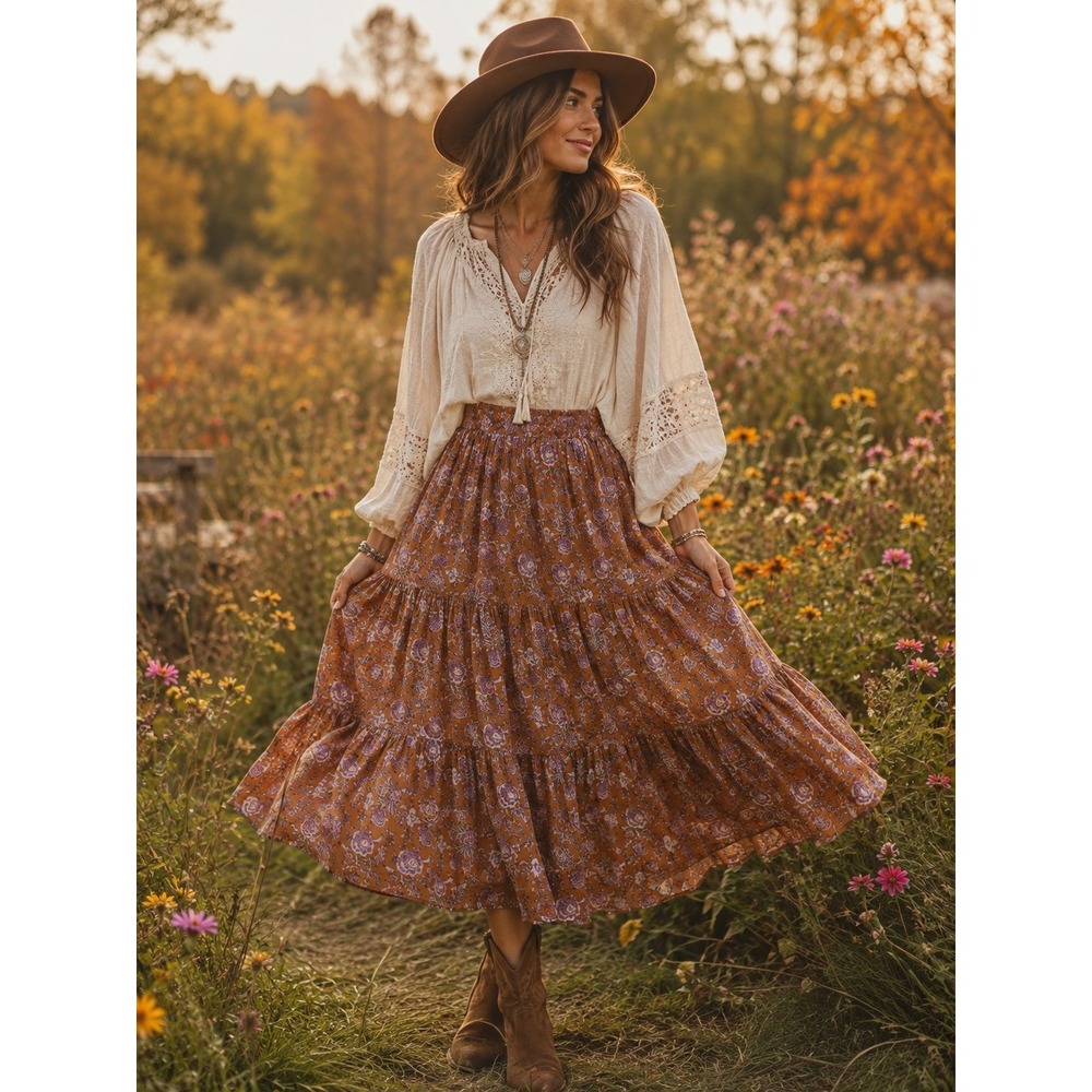 Xirena Iris Skirt in Golden Clover Tiered Midi Skirt Brown With Blue Florals Sm.
